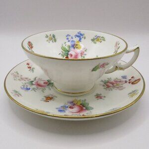 Mintons Antique Teacup and Saucer H2629 Pink Rose Blue Yellow Red Floral England